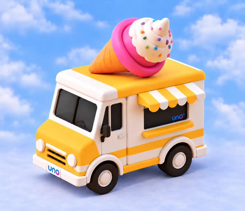A modelled clay ice cream van in yellow and cream, an oversized ice cream cone on its roof, against a blue sky.