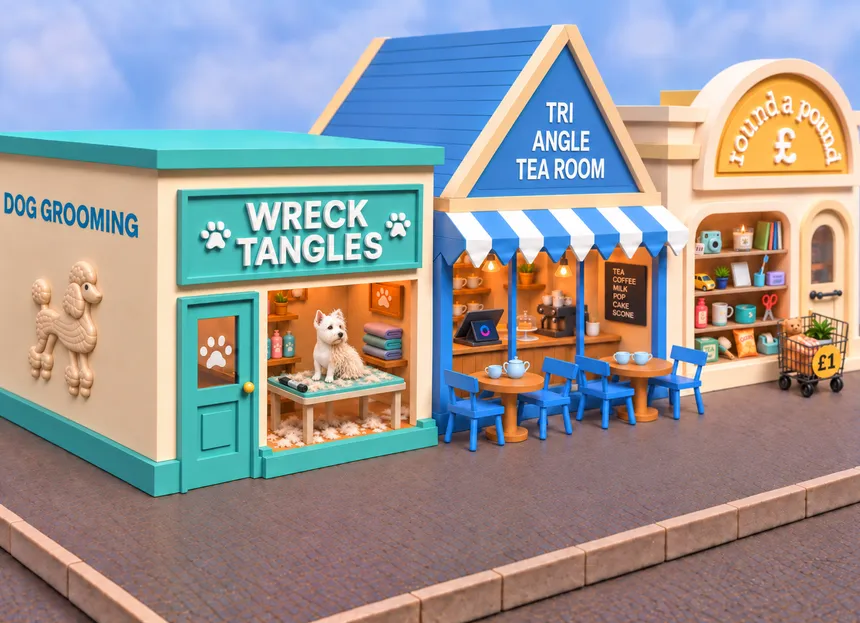A modelled clay street of three shopfronts on a blue-grey backdrop: a square-fronted dog groomers, a tea room under a steep triangular gable, and a pound shop with a round arched front