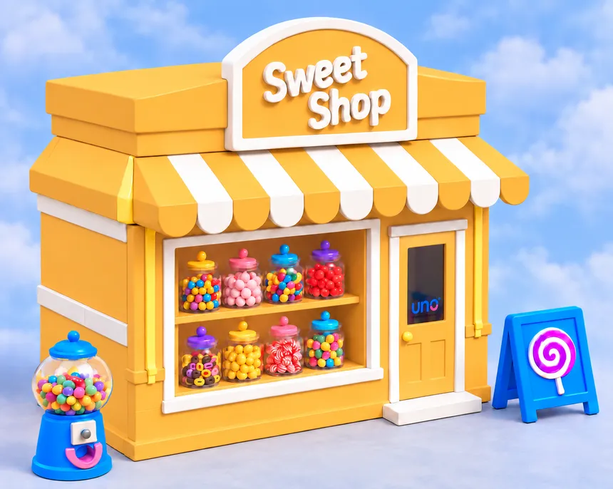 A modelled clay sweet shop displays 2 shelves of sweet-filled jars in its window, with a standalone sweet dispenser and an A-board sign stood outside, on each side of the shop.